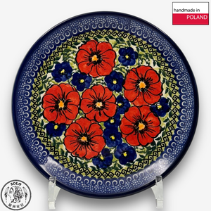 【SOLO Vintage】Cerraf Polish Pottery 19cm Round Plate Path of Red and Blue Flowers Series Made in Poland
