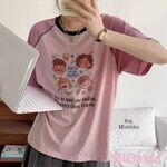 大尺碼-印花 插肩 圓領T恤-黑/粉/黃-0101142, , large