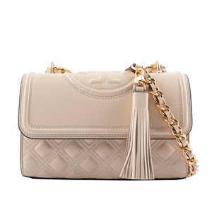 TORY BURCH Fleming 縫線翻蓋小款流蘇二用包/奶油白