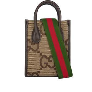 GUCCI Jumbo GG Logo 緹花布及皮革迷你二用托特包/棕色