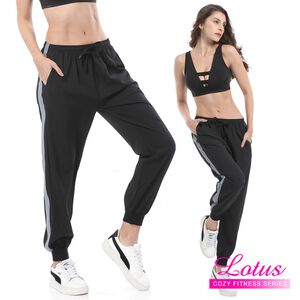 【LOTUS】夜跑反光舒適運動束口長褲-顯瘦黑