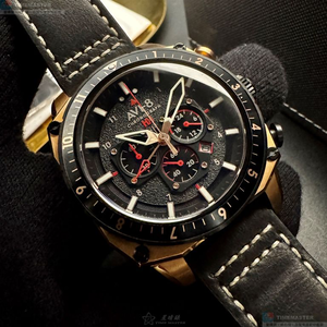 [星晴錶業]新品牌手錶,44mm,AV52662黑色錶面玫瑰金錶殼深黑色真皮皮革錶帶款