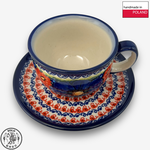【SOLO Vintage】Cerraf Polish Pottery 200ml Coffee Cup + Saucer Set Red and Blue Blossoming Elegance Series Made in Poland, , large