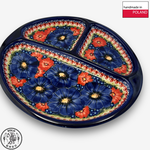 【SOLO Vintage】Cerraf Polish Pottery 28cm Divider Plate Red and Blue Blossoming Elegance Series Made in Poland, , large