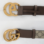 GUCCI 霧金雙G Logo 防水皮革拼牛皮皮帶 85cm/米色/棕色, , large