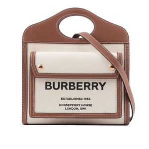 BURBERRY 帆布拼皮革手提/斜背口袋包(Mini)/自然色/麥芽棕