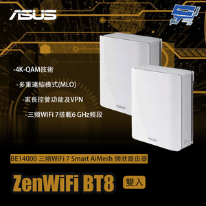 昌運監視器 ASUS華碩 ZenWiFi BT8 2入(雙入)二入 BE14000 三頻WiFi 7AiMesh 網狀路由器