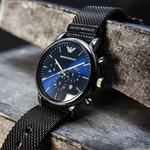 [星晴錶業]ARMANI手錶,44mm,AR00056寶藍色錶面黑錶殼鐵灰色米蘭錶帶款, , large