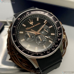 [星晴錶業]MASERATI手錶,44mm,R8871640002黑色錶面銀黑色錶殼深黑色矽膠錶帶款, , large