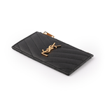 YSL 山形紋荔枝皮金字Logo拉鍊卡片/零錢夾/黑色, , large
