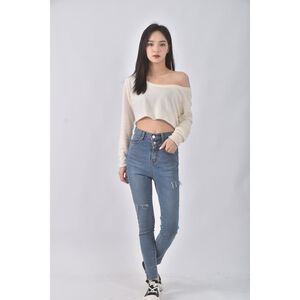 (S) poclain韓牌高腰質感丹寧牛仔藍色長褲二手衣