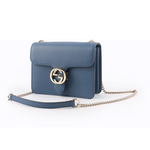 GUCCI 金屬雙G Logo荔枝皮革方形斜背包/藍色, , large