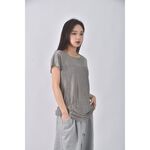 (S) michel klein質感亞麻條紋灰色短袖上衣二手衣, , large
