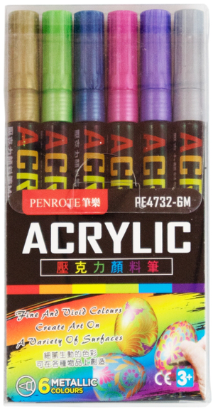6-Pack Acrylic Paint Markers (Fine Tip) &ndash; Metallic Colors