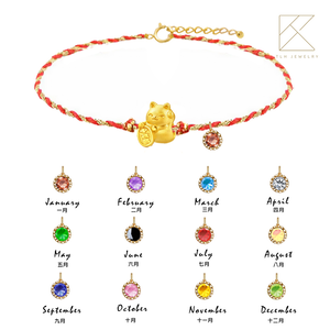 【TLH】黃金墜編織手鍊 純金999 多選 招財貓幸運紅繩&times;誕生石 約重0.02錢&plusmn;0.01