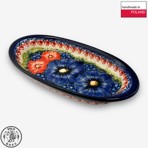 【SOLO Vintage】Cerraf Polish Pottery 19cm Oval Plate Red and Blue Blossoming Elegance Series Made in Poland