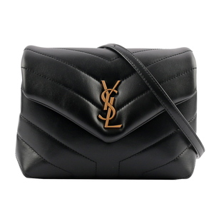 YSL Monogram Lou Lou V紋小牛皮斜背包/MINI/黑色