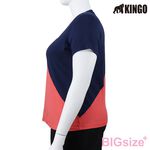 KINGO-大尺碼-女款 拚色 圓領T恤-丈青-414102, , large