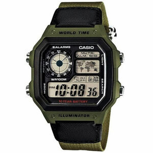 CASIO 卡西歐 10年電力 多功能軍風電子錶-軍綠 AE-1200WHB-3B
