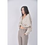 (L) pazzo質感修身短版亞麻棉質條紋杏色長袖上衣二手衣, , large