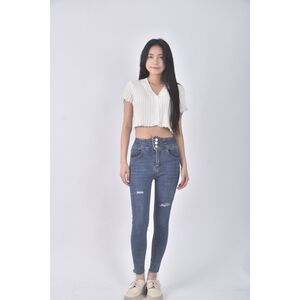 (S) fashion高腰丹寧牛仔質感藍色長褲二手衣