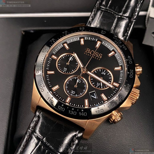 [星晴錶業]BOSS手錶,44mm,HB1513753黑色錶面玫瑰金錶殼深黑色真皮皮革錶帶款