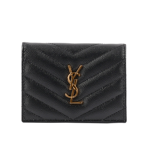 YSL 山形紋魚子醬皮金字二折卡片小短夾/黑色