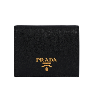 PRADA 浮雕Logo 荔枝皮革內拼色二折零錢袋短夾/黑色/藕粉色