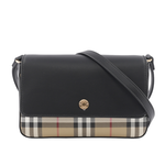 BURBERRY Penny 格紋帆布拼小牛皮翻蓋斜背包/經米色/黑色, , large