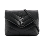 YSL Monogram Lou Lou 銀釦V紋小牛皮斜背包/MINI/黑色, , large