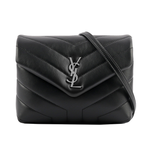 YSL Monogram Lou Lou 銀釦V紋小牛皮斜背包/MINI/黑色