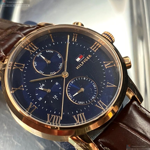 [星晴錶業]TommyHilfiger手錶,44mm,TH00009寶藍色錶面玫瑰金錶殼咖啡色真皮皮革錶帶款