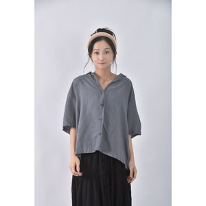 (2XL) uniqlo質感亞麻素面灰色短袖上衣二手衣