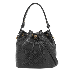 TORY BURCH T Monogram 皮革壓紋水桶包(黑色)