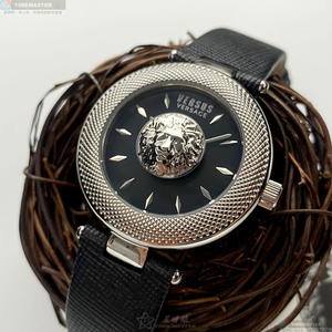 [星晴錶業]VERSUS VERSACE手錶,36mm,VV00358黑色錶面銀錶殼深黑色真皮皮革錶帶款