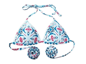 QXHEE.T. 台灣製 後頸綁帶遶胸立體罩杯比基尼(QX花型/條紋灰條/海洋藍)現貨