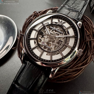 [星晴錶業]ARMANI手錶,44mm,AR00073機械鏤空錶面銀錶殼深黑色真皮皮革錶帶款