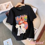 大尺碼-蝴蝶結 印花 圓領T恤-黑-0101146, , large