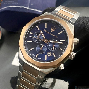 [星晴錶業]MASERATI手錶,46mm,R8873642002寶藍色錶面玫瑰金錶殼金銀相間精鋼錶帶款