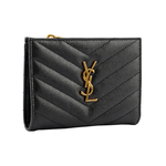 YSL 山形紋魚子醬皮金字拉鍊零錢袋二折短夾/黑色, , large