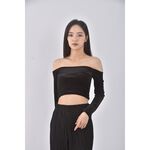 (S) 【智恩私服】qianhan質感修身短版一字領黑色長袖上衣二手衣, , large