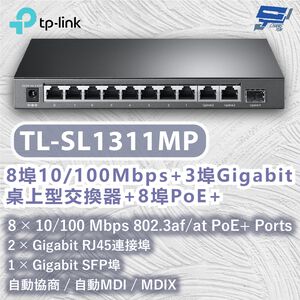 TP-LINK 昌運監視器 TL-SL1311MP 8埠10/100Mbps+3埠Gigabit桌上型交換器+8埠PoE