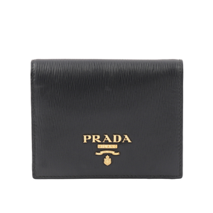 PRADA 浮雕Logo 水波紋皮革二折零錢袋短夾/黑色