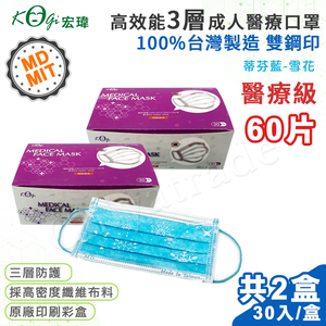 【宏瑋】台灣製 MD+MIT 雙鋼印 高效能三層不織布 醫療級 醫用成人口罩 60入(蒂芬藍-雪花)