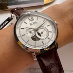 [星晴錶業]BOSS手錶,44mm,HB1513505銀白色錶面銀錶殼咖啡色真皮皮革錶帶款, , large
