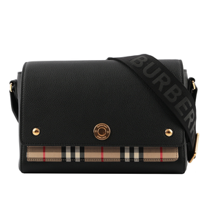 BURBERRY Vintage格紋拼皮革翻蓋斜背包/黑色