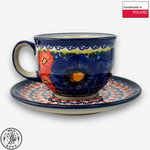 【SOLO Vintage】Cerraf Polish Pottery 200ml Coffee Cup + Saucer Set Red and Blue Blossoming Elegance Series Made in Poland, , large