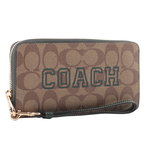 COACH Varsity 標誌塗層帆布附可拆提把長夾/卡其/亞馬遜綠, , large