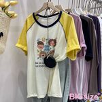 大尺碼-印花 插肩 圓領T恤-黑/粉/黃-0101142, , large