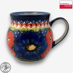 【SOLO Vintage】Cerraf Polish Pottery 350ml Mug Red and Blue Blossoming Elegance Series Made in Poland